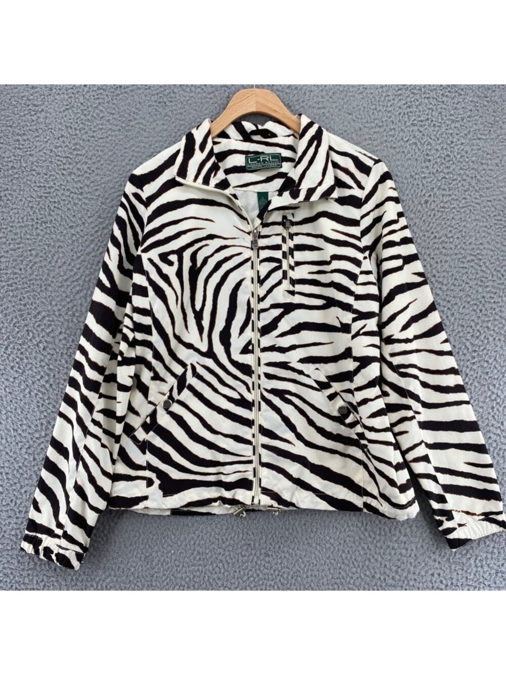 Lauren Active Jacket Womens Small Brown Zebra Full Zip Pocket Windbreaker Casual